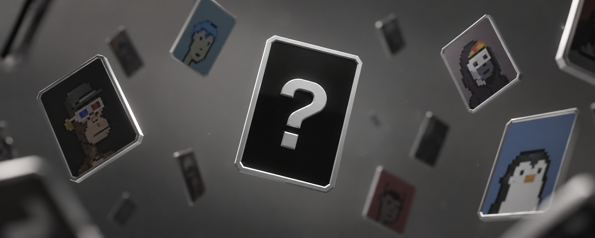 Floating silver-framed NFT collectibles surrounding a question-mark NFT